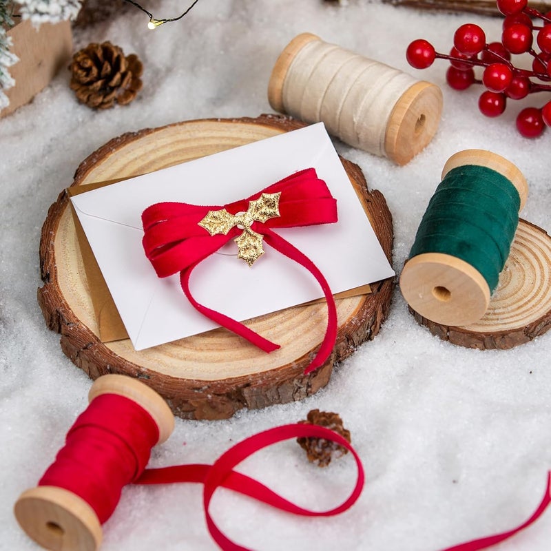 Garbendy Velvet Ribbon Set 3/8" Wide 3 Rolls * 5Yd Wooden Spool Fabric Trim for Christmas Decoration Handmade Craft Ornaments Gift Wrapping Decoration Party Wedding Arts Crafts（Red Green & Beige） - Image 5